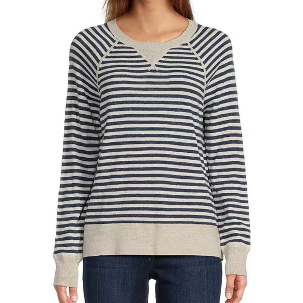 Organic Cotton Slub Knit Stripe Print Crew Neck Long Sleeve Sweater, L